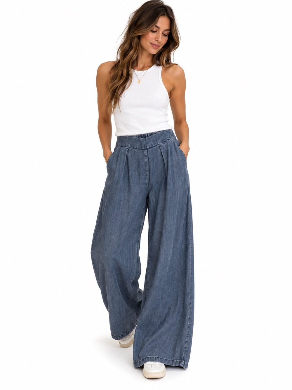 High-Rise Wide-Leg Chambray Pants in Denim Blue